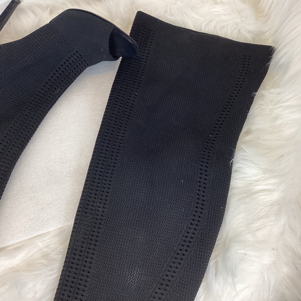 CAPE ROBBIN ELNORA THIGH HIGH STILETTO OPEN TOE BLACK WOVEN BOOTS SZ 8.5 - Picture 5 of 8